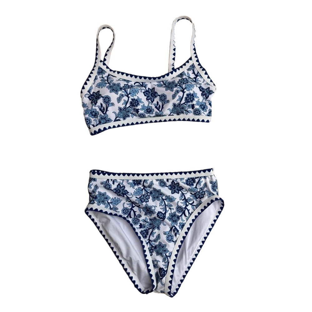 Two Piece Swimsuit Womens L Blue Floral Bikini High Waisted Tropical Boho